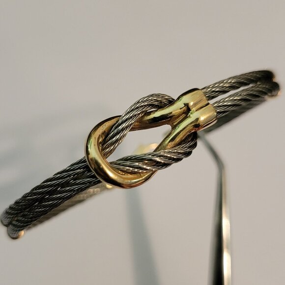 **SOLD** Vintage 14k Yellow Gold & Stainless Steel Cable Love Knot Bracelet - Picture 2 of 7